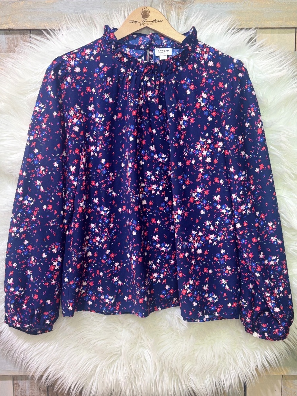 Like New [J. Crew] Navy Blue Long Sleeve Ruffle Pink Floral Blouse Top | Large